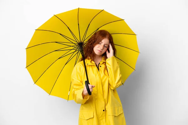 Teenager Redhead Girl Rainproof Coat Umbrella Isolated White Background Headache — ストック写真