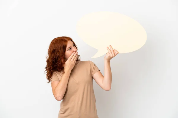 Teenager Redhead Girl Isolated White Background Holding Empty Speech Bubble — Stock Photo, Image