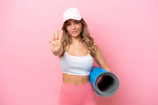 Young Sport Woman Going Yoga Classes While Holding Mat Happy — Foto de Stock