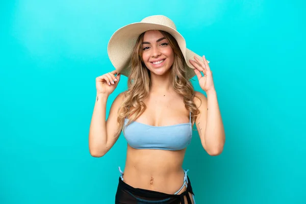 Young Caucasian Woman Isolated Blue Background Happy Swimsuit Summer Holidays — Stockfoto