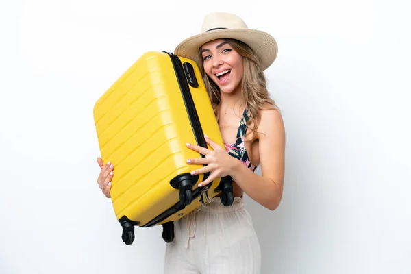 Mädchen Badeanzug Sommerurlaub Isoliert Auf Weißem Hintergrund Urlaub Mit Reisekoffer — Stockfoto