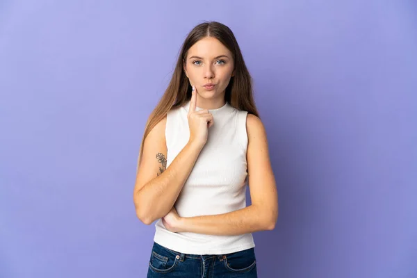 Young Lithuanian Woman Isolated Purple Background Thinking — стоковое фото