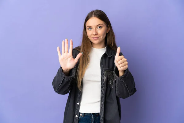 Young Lithuanian Woman Isolated Purple Background Counting Six Fingers — стоковое фото