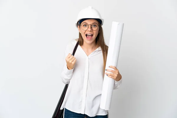 Young Lithuanian Architect Woman Helmet Holding Blueprints Isolated White Background — ストック写真