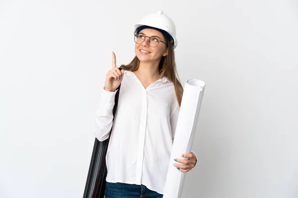 Joven Arquitecta Lituana Con Casco Planos Aislados Sobre Fondo Blanco — Foto de Stock