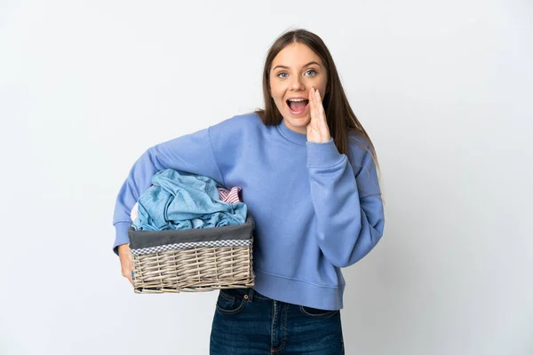 Young Lithuanian Woman Holding Clothes Basket Isolated White Background Surprise — Stockfoto