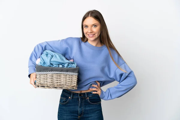 Young Lithuanian Woman Holding Clothes Basket Isolated White Background Posing — Stock Fotó