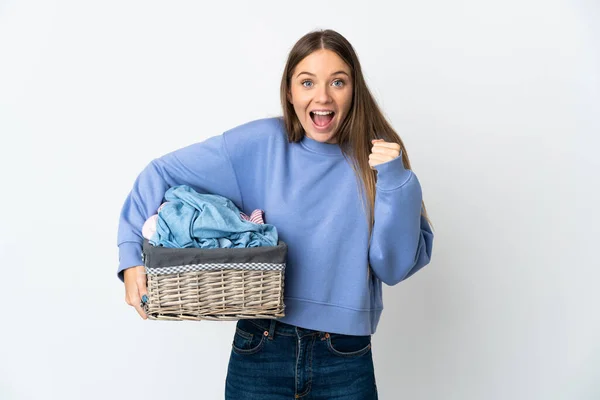Young Lithuanian Woman Holding Clothes Basket Isolated White Background Celebrating — Stockfoto