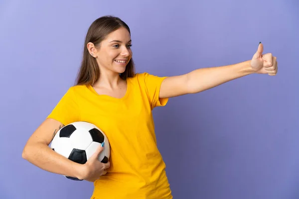 Young Lithuanian Football Player Woman Isolated Purple Background Giving Thumbs — стоковое фото