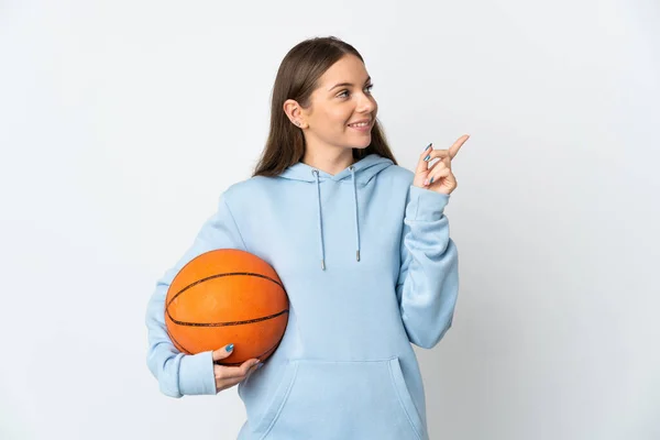 Young Lithuanian Woman Playing Basketball Isolated White Background Pointing Great — Stok Foto