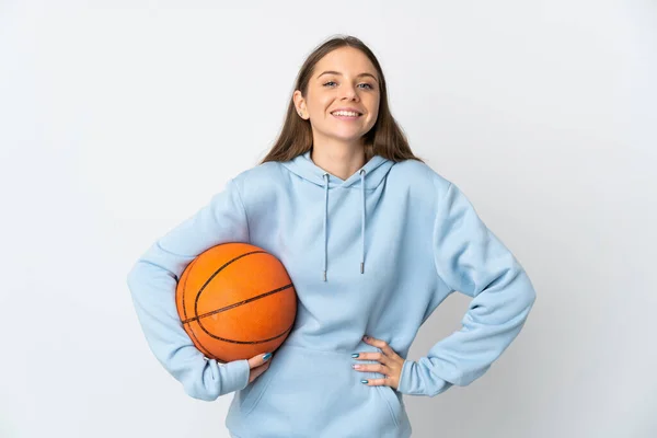 Young Lithuanian Woman Playing Basketball Isolated White Background Posing Arms — Foto Stock