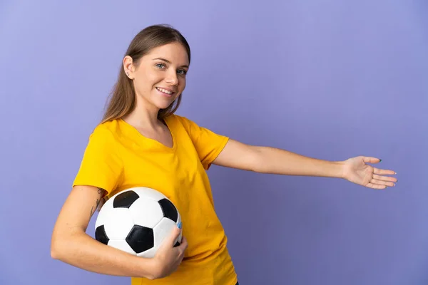 Young Lithuanian Football Player Woman Isolated Purple Background Extending Hands — Photo