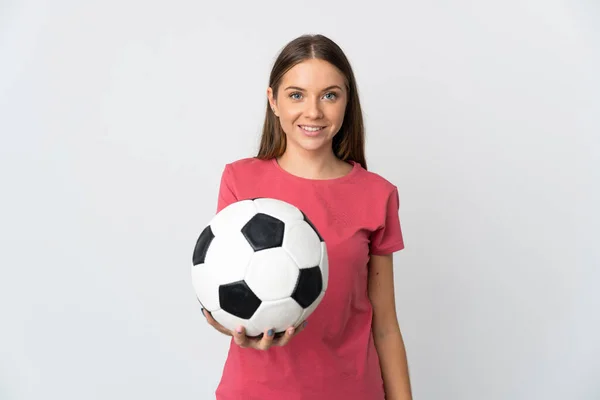 Giovane Donna Lituana Isolata Sfondo Bianco Con Pallone Calcio — Foto Stock