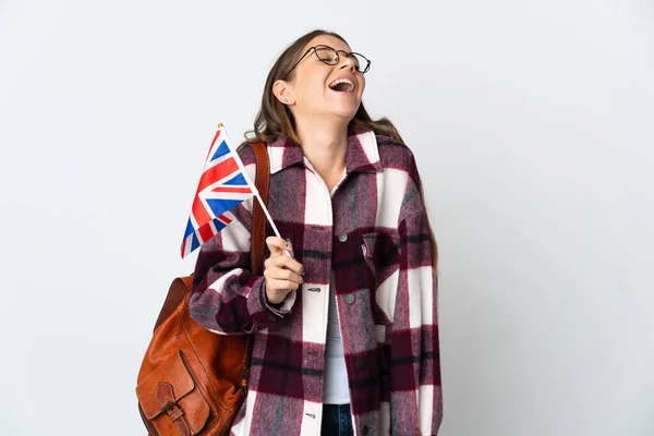 白地にイギリス国旗を掲げたリトアニアの若い女性が笑っている — ストック写真
