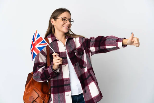Mladá Litevka Drží Vlajku Spojeného Království Izolované Bílém Pozadí Dává — Stock fotografie