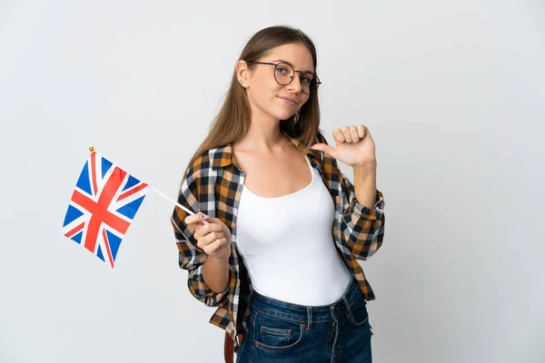 Jeune Femme Lituanienne Tenant Drapeau Royaume Uni Isolé Sur Fond — Photo