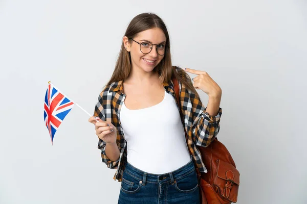 Young Lithuanian Woman Holding United Kingdom Flag Isolated White Background — Stock fotografie