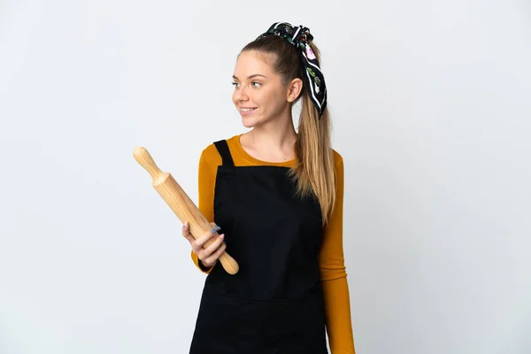Young Lithuanian Woman Holding Rolling Pin Isolated White Background Looking — Stockfoto