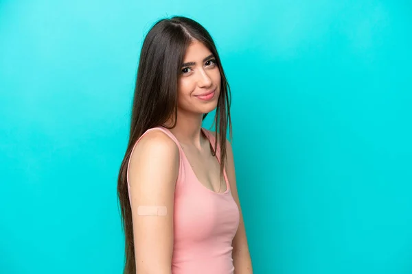 Young Caucasian Woman Band Aids Isolated Blue Background Sad Expression — Stockfoto
