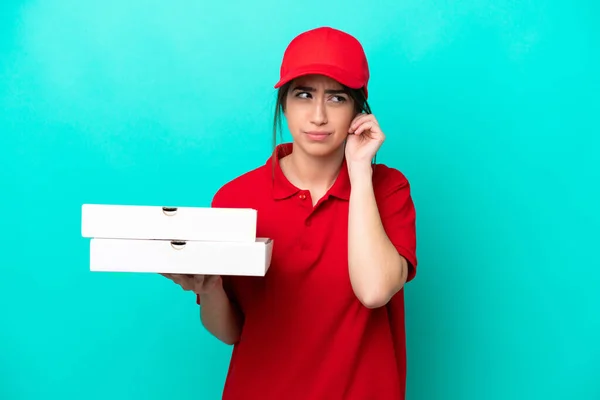 Pizza Delivery Woman Work Uniform Picking Pizza Boxes Isolated Blue — Fotografia de Stock