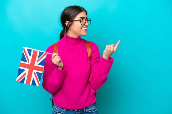 Young Caucasian Student Woman Holding English Flag Isolated Blue Background — Zdjęcie stockowe