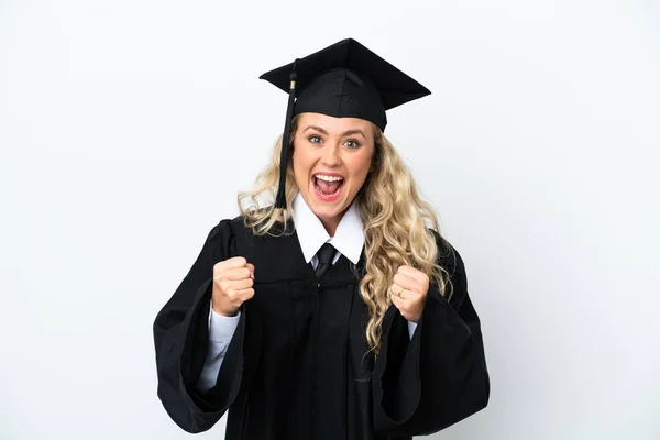 Jovem Universitária Graduada Mulher Isolada Fundo Branco Comemorando Uma Vitória — Fotografia de Stock