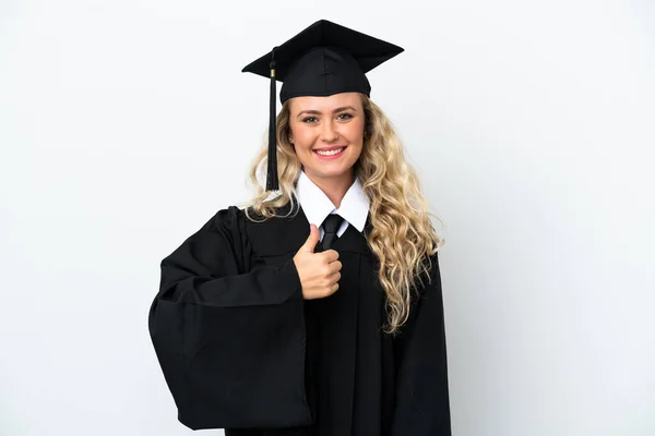Młoda Absolwentka Uniwersytetu Kobieta Odizolowana Białym Tle Dając Kciuki Górę — Zdjęcie stockowe
