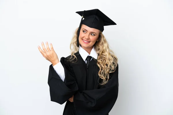 Jovem Universitária Graduada Mulher Isolada Fundo Branco Estendendo Mãos Para — Fotografia de Stock