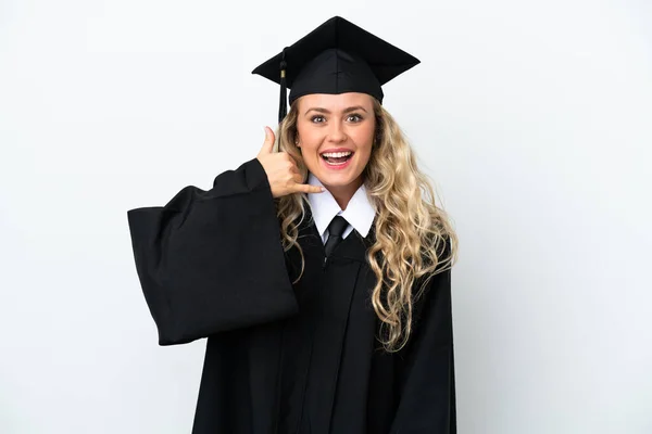 Jovem Universitária Graduada Isolado Fundo Branco Fazendo Gesto Telefone Chama — Fotografia de Stock