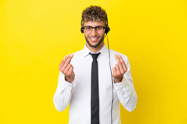 Telemarketer Blonde Man Working Headset Isolated Yellow Background Making Money — 스톡 사진