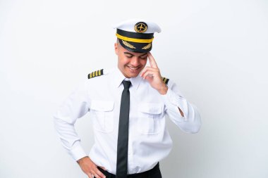 Airplane pilot caucasian man isolated on white background laughing