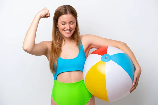 Young Woman Holding Beach Ball Holidays Isolated White Background Doing — 스톡 사진