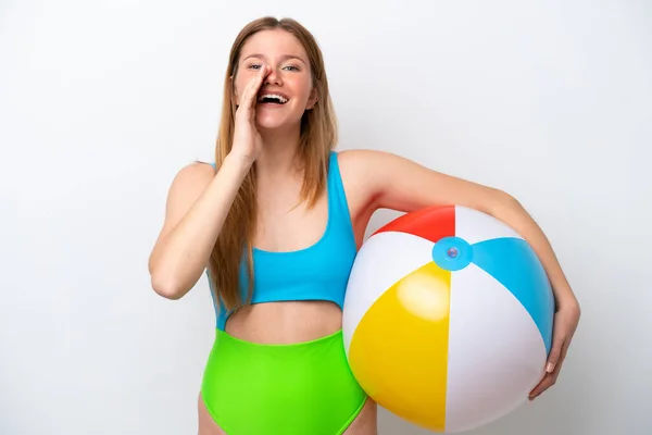 Young Woman Holding Beach Ball Holidays Isolated White Background Shouting — 스톡 사진