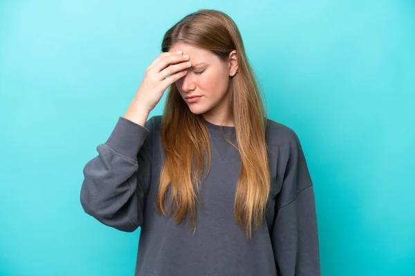 Young Caucasian Woman Isolated Blue Background Headache — Stock Photo, Image
