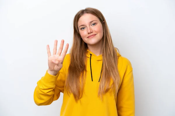 Junge Kaukasische Frau Isoliert Auf Weißem Hintergrund Glücklich Und Zählt — Stockfoto