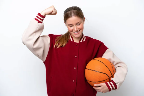 Young Basketball Player Woman Isolated White Background Doing Strong Gesture — стоковое фото