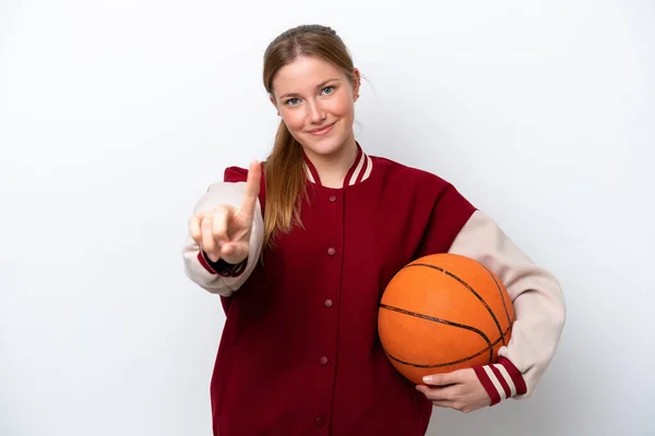 Jovem Jogador Basquete Mulher Isolada Fundo Branco Mostrando Levantando Dedo — Fotografia de Stock