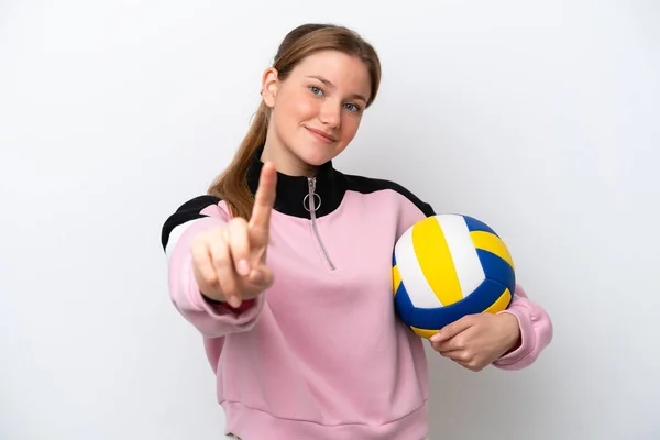 Joven Mujer Caucásica Jugando Voleibol Aislado Sobre Fondo Blanco Mostrando — Foto de Stock