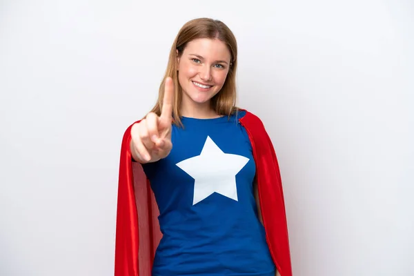 Ung Kaukasisk Kvinna Isolerad Vit Bakgrund Superhjälte Kostym Och Pekar — Stockfoto