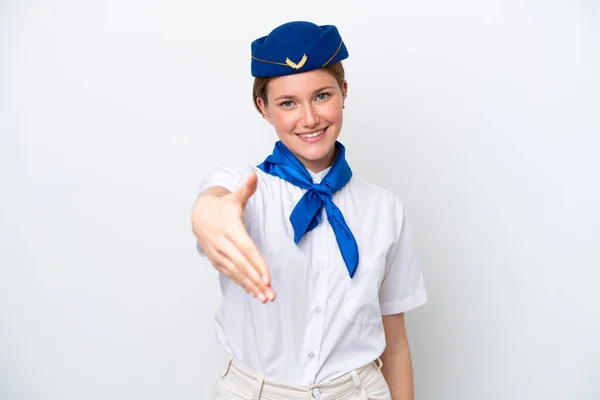 Stewardessa Samolot Kobieta Odizolowany Białym Tle Ściskając Dłonie Zamknięcie Dobry — Zdjęcie stockowe