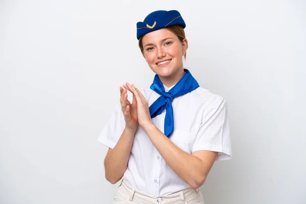 Airplane Stewardess Woman Isolated White Background Applauding Presentation Conference — стоковое фото