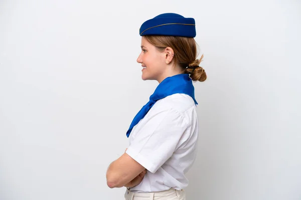 Airplane Stewardess Woman Isolated White Background Lateral Position —  Fotos de Stock