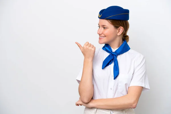 Airplane Stewardess Woman Isolated White Background Pointing Side Present Product — стоковое фото