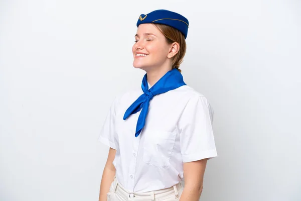 Stewardesa Samolot Kobieta Izolowana Białym Tle Śmiejąc Się Pozycji Bocznej — Zdjęcie stockowe