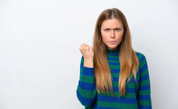 Mujer Joven Caucásica Aislada Sobre Fondo Blanco Con Expresión Infeliz — Foto de Stock