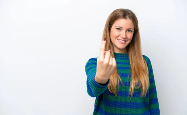 Joven Mujer Caucásica Aislada Sobre Fondo Blanco Haciendo Gesto Que — Foto de Stock