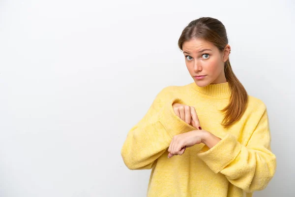 Ung Kaukasisk Kvinna Isolerad Vit Bakgrund Gör Gesten Att Vara — Stockfoto