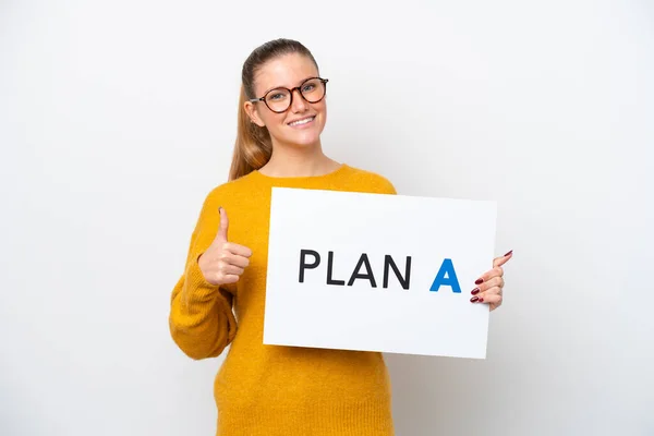 Young Caucasian Woman Isolated White Background Holding Placard Message Plan — Photo