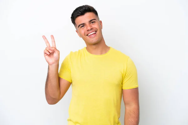Junger Kaukasischer Gutaussehender Mann Auf Weißem Hintergrund Der Lächelt Und — Stockfoto