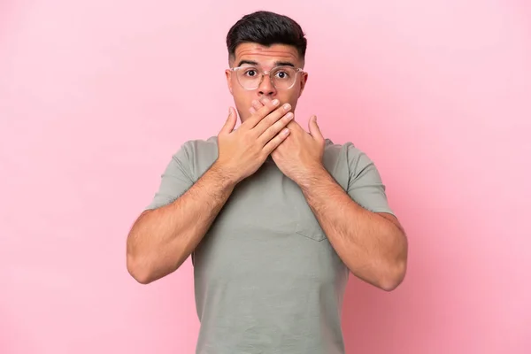 Young Caucasian Handsome Man Isolated Pink Background Covering Mouth Hands — 스톡 사진